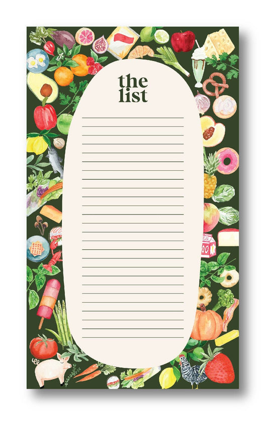 Grocery list lined notepad with different fruits, veggies and treats bordering it 