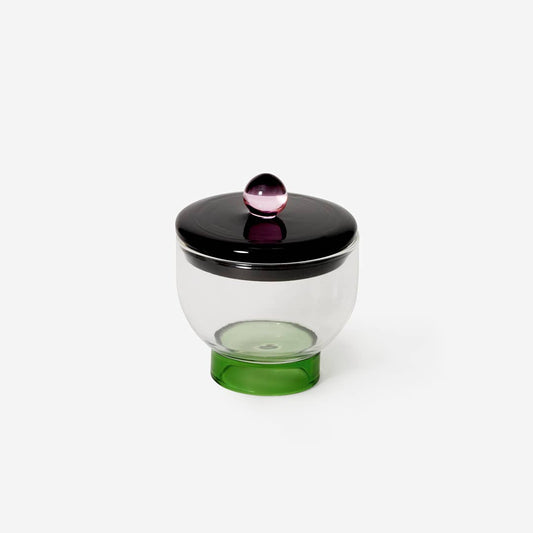 modern glass salt bowl -- green base, clear bowl, black lid with pink ball for handle