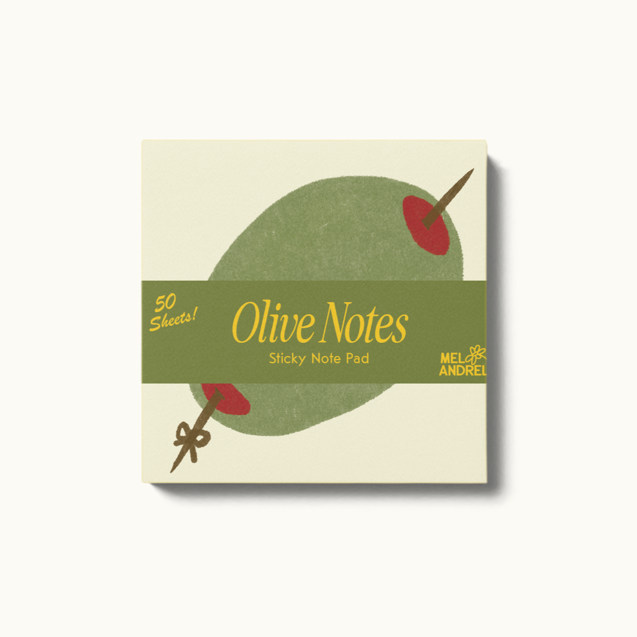 Sticky post-it notes with a green olive illustration on it 