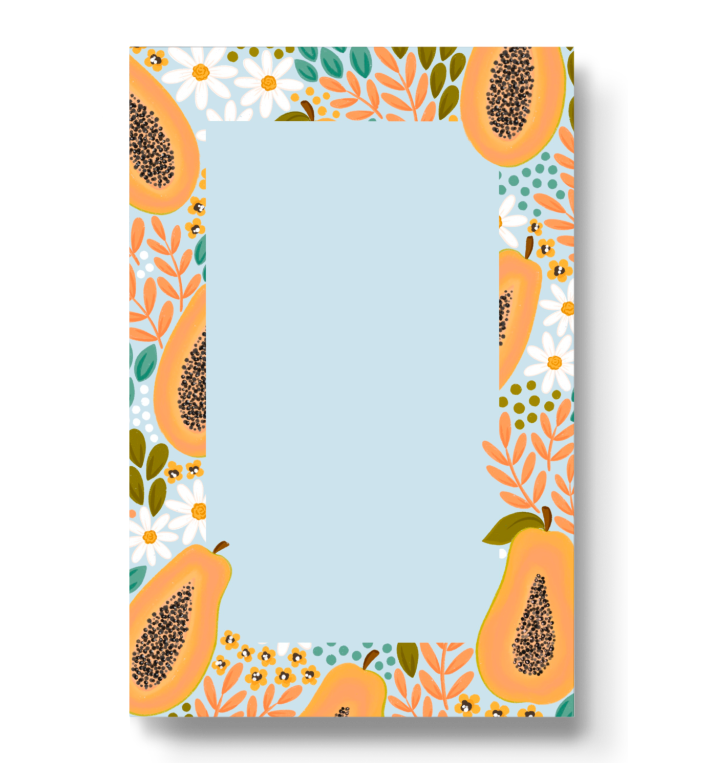 Blank notepad -- light blue bordered with papayas and florals 