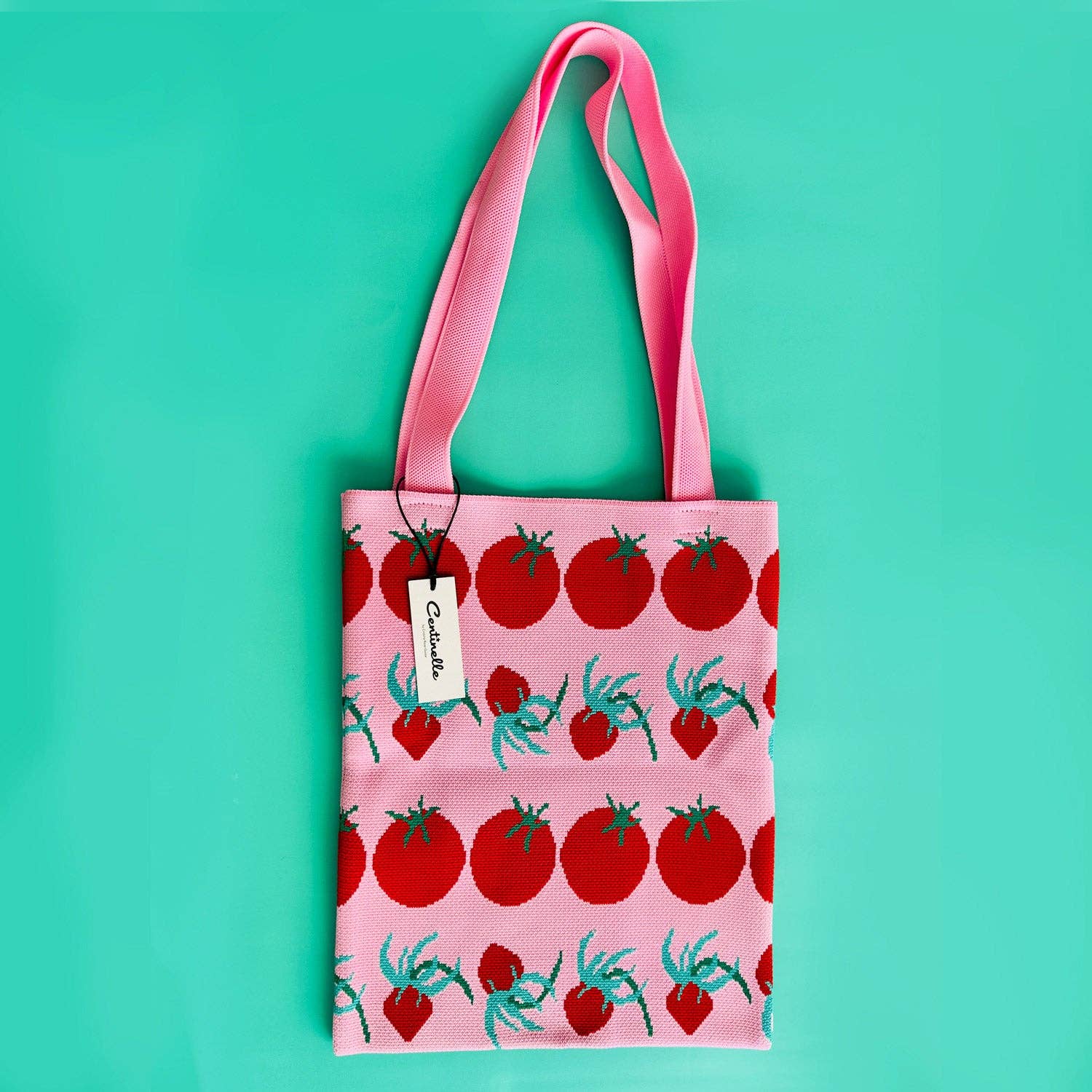 Knit tote bag with red tomatoes on it 