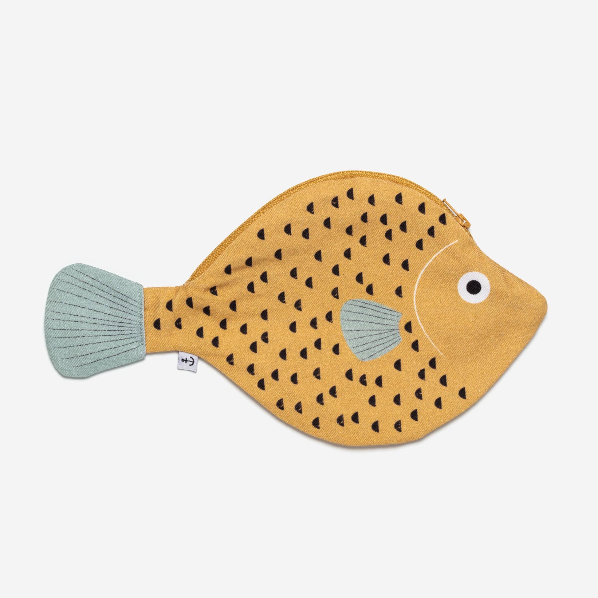 Saint Peter fish zippered pouch -- body is yellow with black scale details, fins are light blue with light stripes