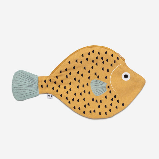 Saint Peter fish zippered pouch -- body is yellow with black scale details, fins are light blue with light stripes