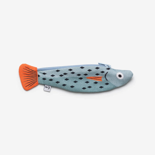 Small Whiting fish zippered pouch. Body is blue with black markings, fins are orange with stripes 
