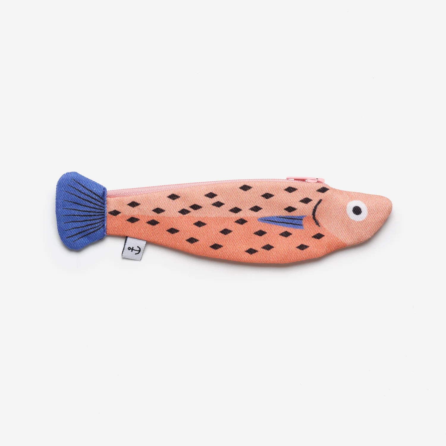 Small Whiting fish pouch in pink -- body is pink with black markings, fins are blue with stripes 