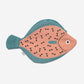 Turbot fish zippered pouch -- body is pink with black, bow-shaped details, fins are light blue with stripes 