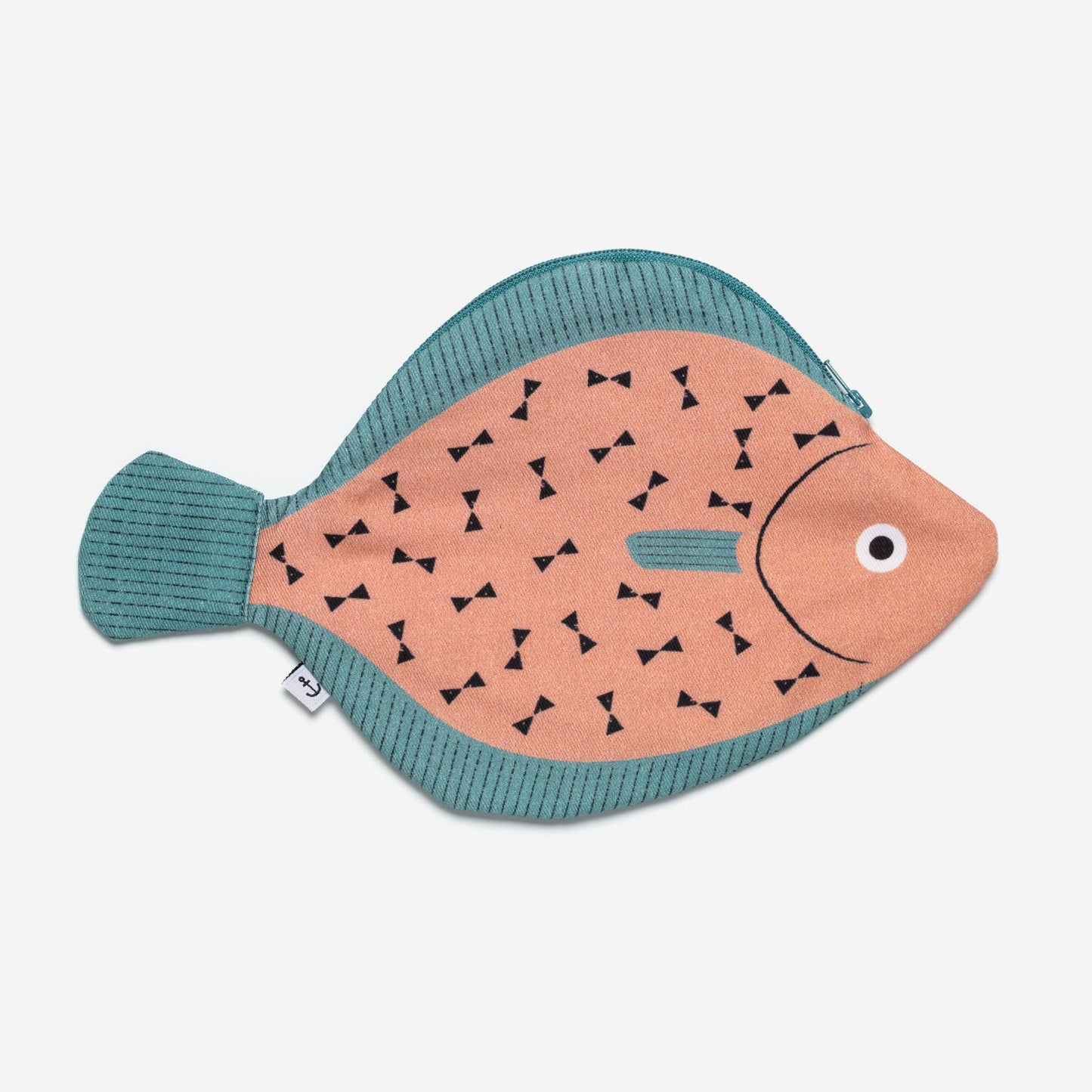 Turbot fish zippered pouch -- body is pink with black, bow-shaped details, fins are light blue with stripes 