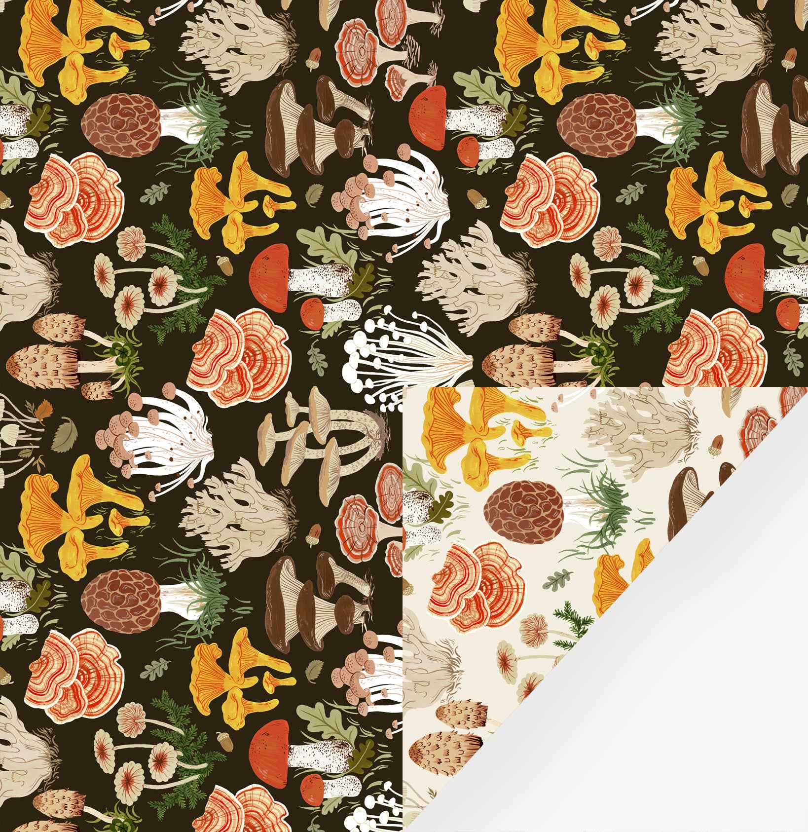 Sheet of doublesided wrapping paper -- pattern is mushrooms on a black background and the other on white 