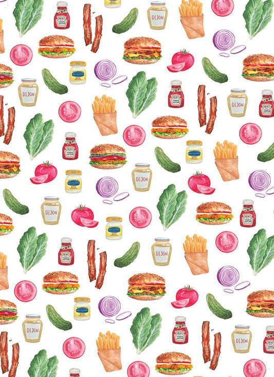Kitchen towel with burgers + condiments as the design print 