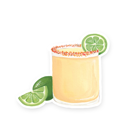 Single sticker shaped like a pinkish margarita in a straight-sided glass with salt rim and lime garnish, additionally two extra limes lay on the side of glass. Shown on a white background.