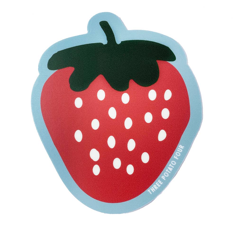 Vintage-inspired strawberry sticker. Image of single strawberry on muted blue background with "Three Potato Four" text logo on one edge.