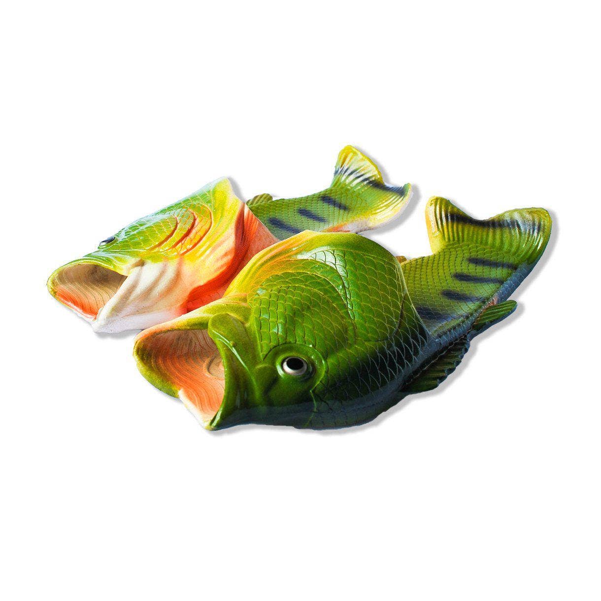 yellow/green, orange, white and black fish slippers --- slide slippers in the shape and texture of a fish, mouth of fish is the opening for the toes
