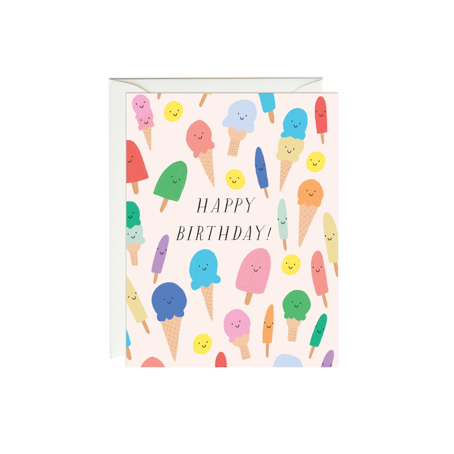 Birthday greeting card that reads "Happy Birthday!" and has different ice cream treats all over 