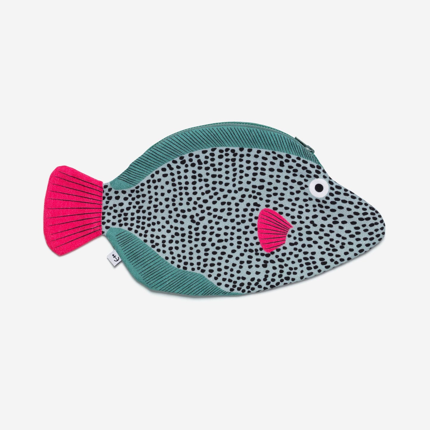 Triggerfish zippered pouch -- body is blue with black dots all over, tail and small fin are hot pink with stripes, top and bottom fins are blue with stripes 