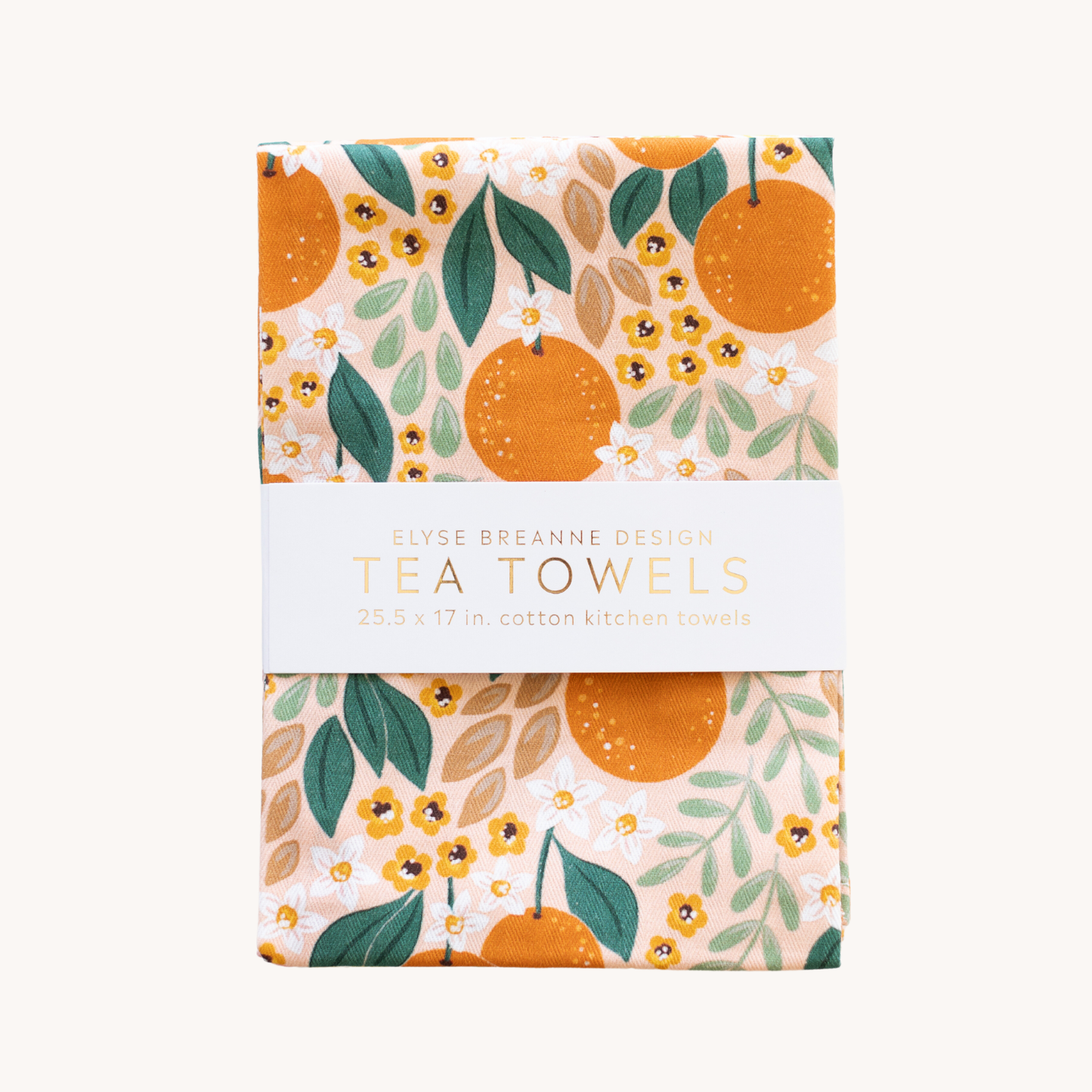 Orange floral tea towel with a band that reads "Elyse Breanne Design"