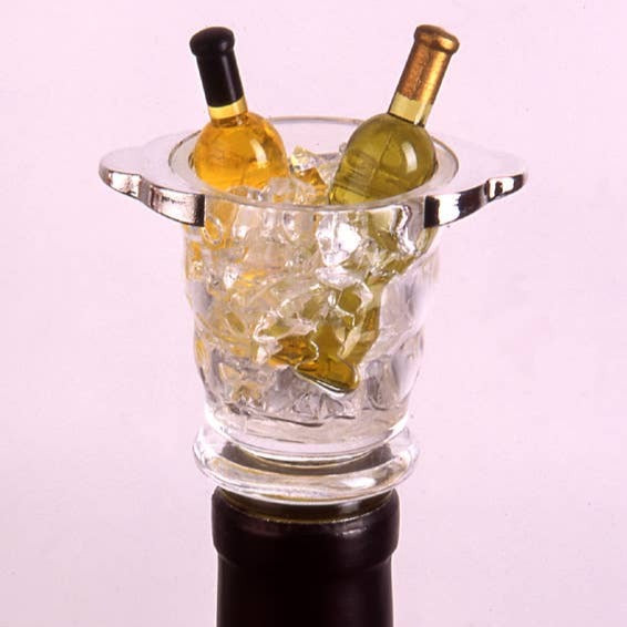 Bottle stoppers designed with an acrylic wine chiller filled with ice and two bottles of wine 