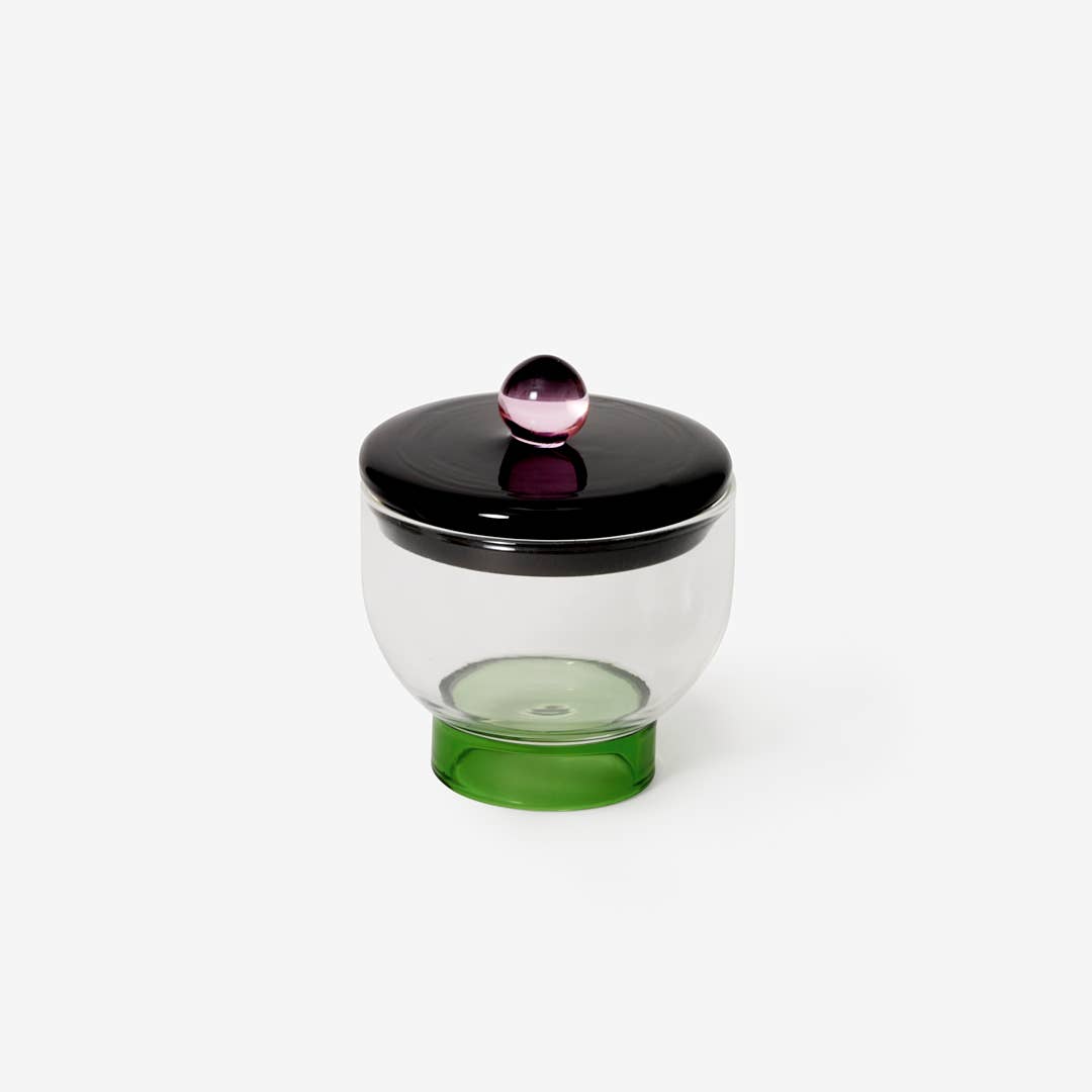 modern glass salt bowl -- green base, clear bowl, black lid with pink ball for handle