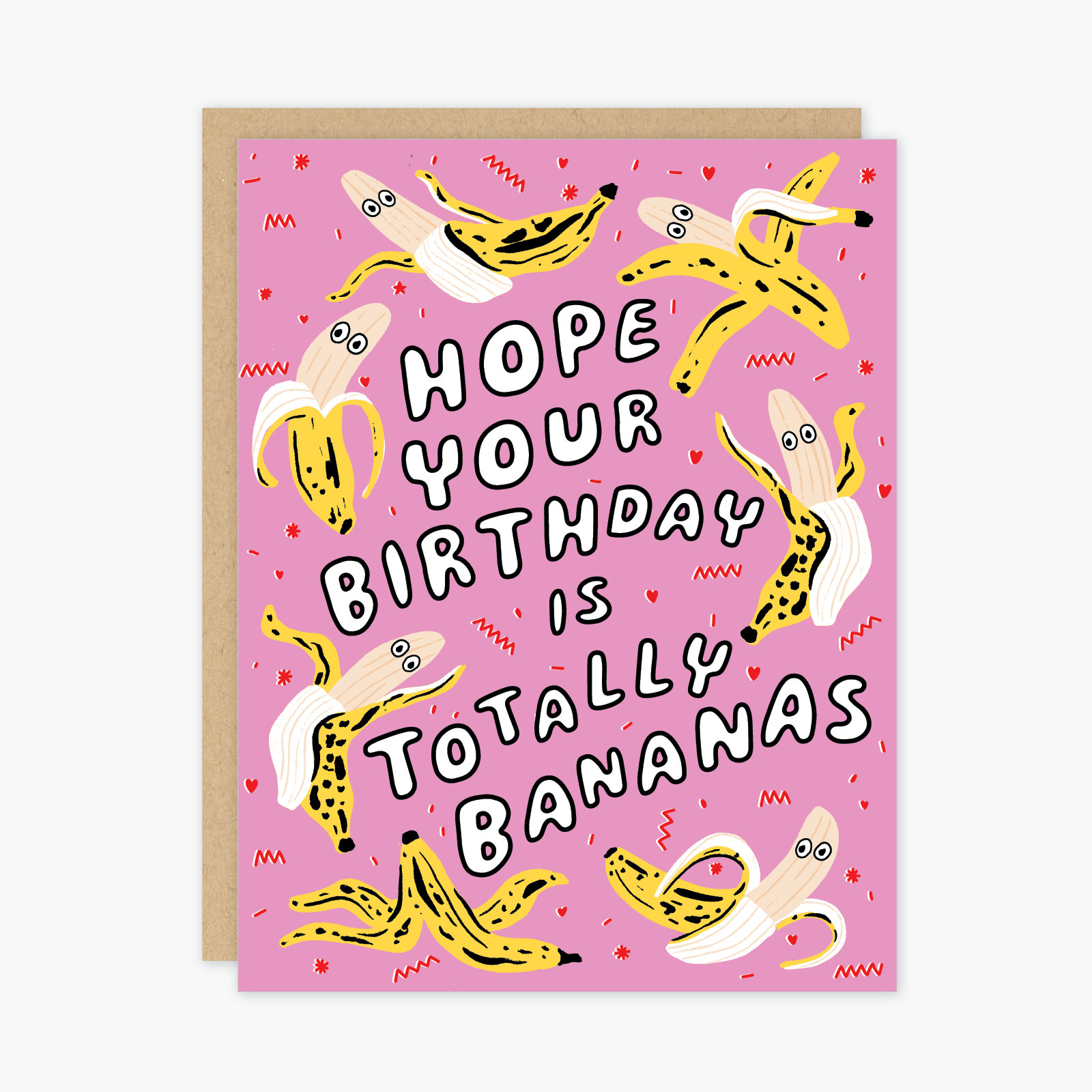 Illustration of six half-peeled bananas with peeking eyes and one banana peel with brown spots, all on a pink background with red and white confetti. Bubbly white text reads "Hope your birthday is totally bananas."