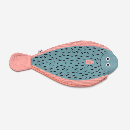 Sole fish zippered pouch -- body is light blue with black markings, fins are pink