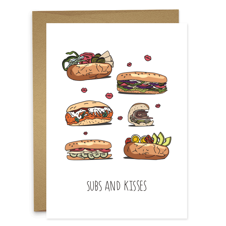 Greeting card that reads "Subs and Kisses" and has various sub sandwiches on it 