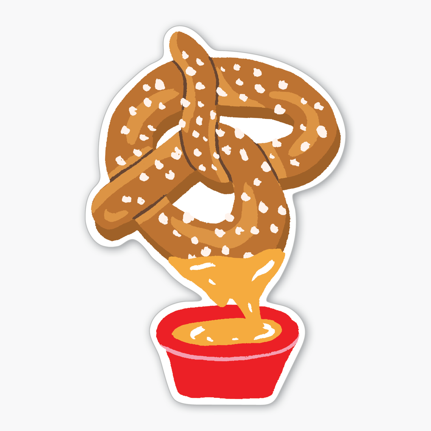 Sticker with an illustration of a salty pretzel with a corner dipped into a red container of gooey orange cheese.