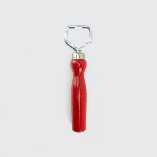 Bottle opener with a red wooden handle and steel opener