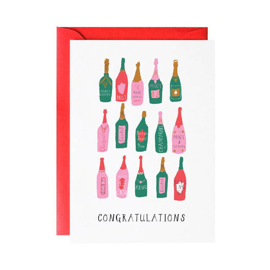 Congratulations greeting card -- has different bottles of champagne on it and reads "Congratulations" at the bottom