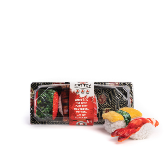 Cat toys made to look like 5 different pieces of sushi -- all with catnip inside 
