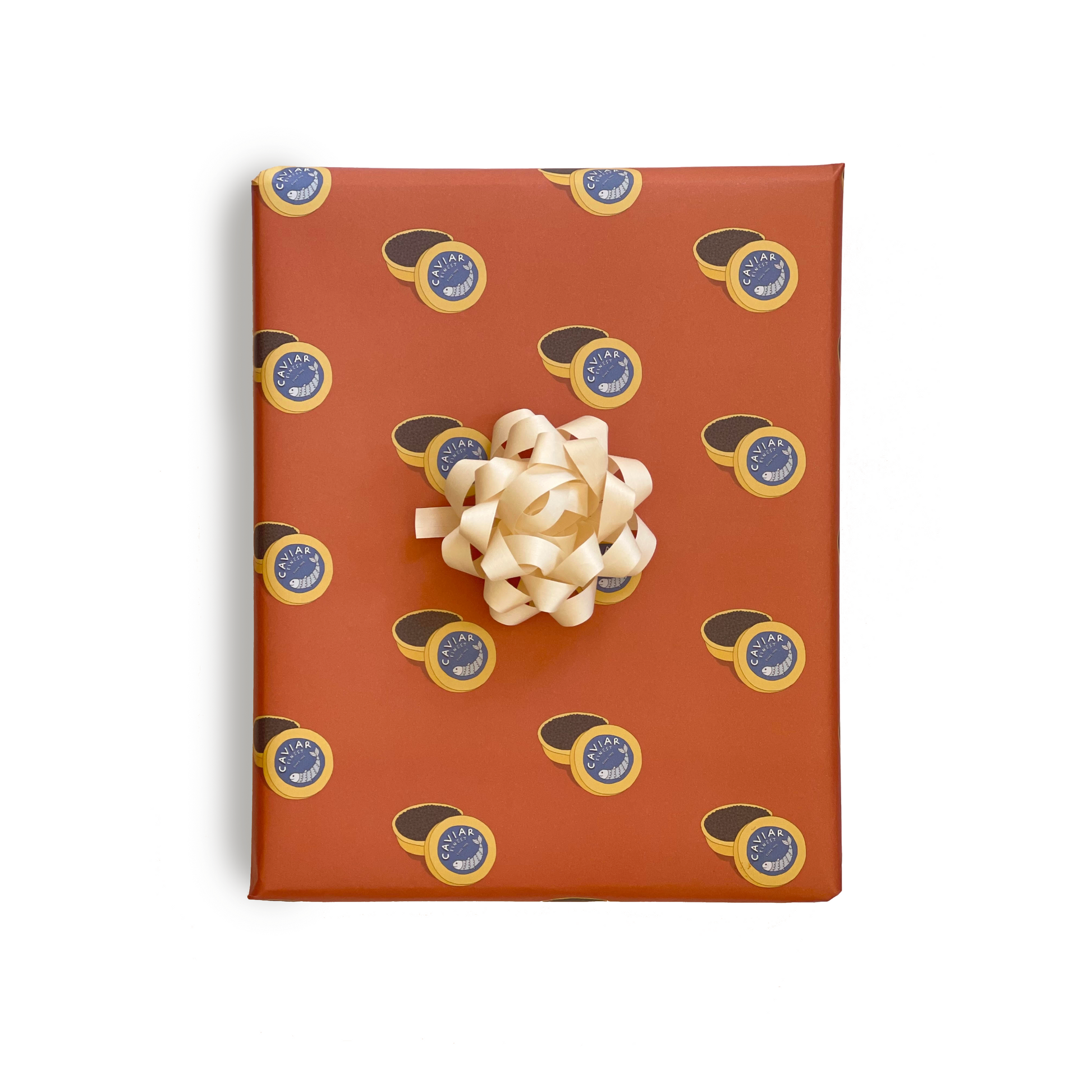 Caviar gift wrap, single sheet -- red/brown background with tins of caviar on it