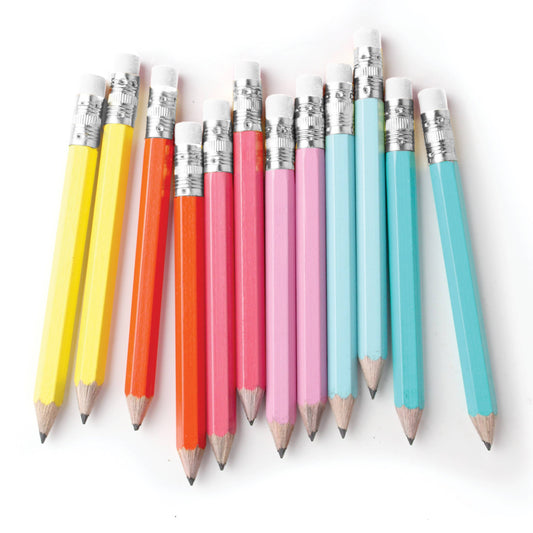 Rainbow mini pencils in a line. Left to right colors: yellow, orange, fuschia, pink, baby blue and teal. 
