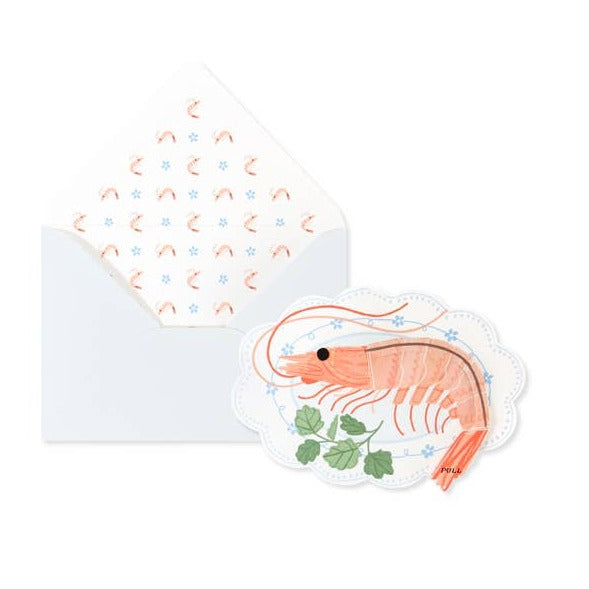 Interactive shrimp greeting card that when tail is pulled back to devein it reads "you're the shit" 