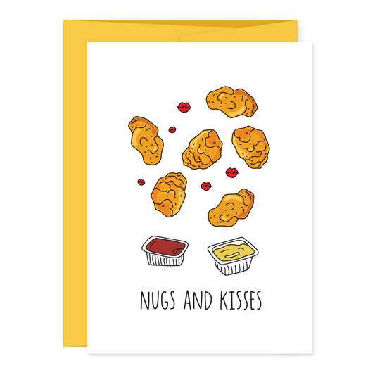 Greeting card that reads "Nugs and Kisses" and has chicken nuggets, two sauces and red lips on it 