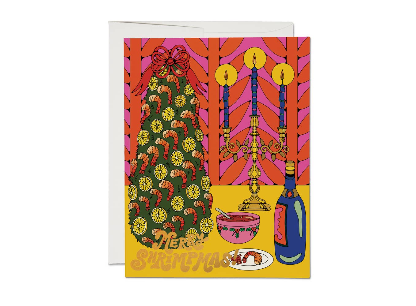 Holiday greeting card that reads "Merry Shrimpmas" -- Christmas tree is decked with shrimp and lemon slices, bowl of cocktail sauce, champagne bottle and candelabra 