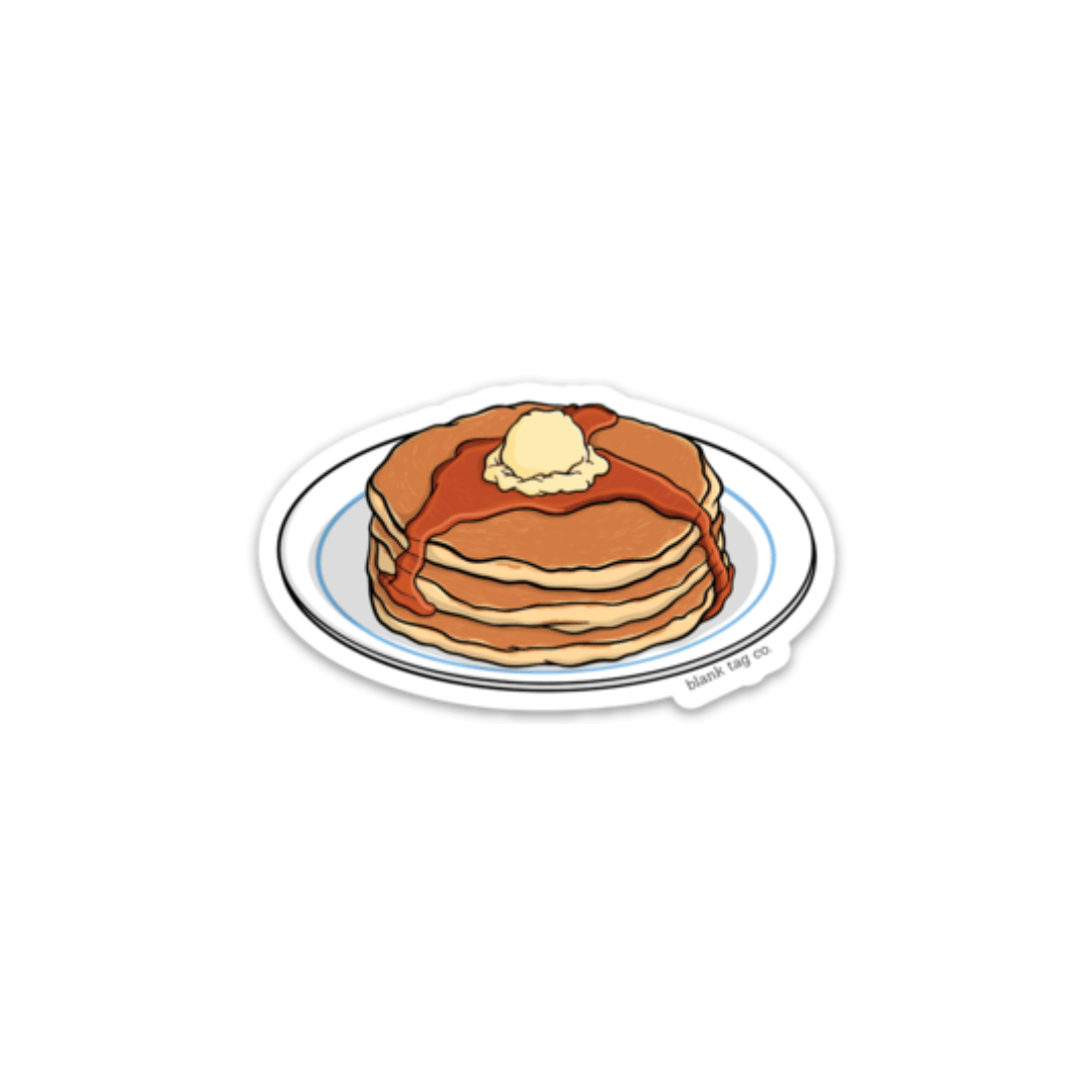 A sticker of 3 stacks of pancakes with syrup and dollop of butter on top, on a white plate 