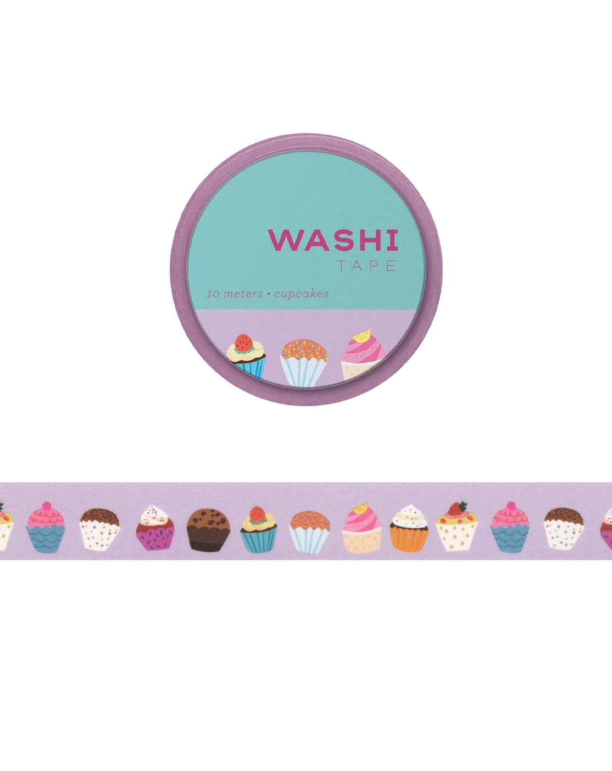 roll of purple washi tape with diferent types of cupcakes on it