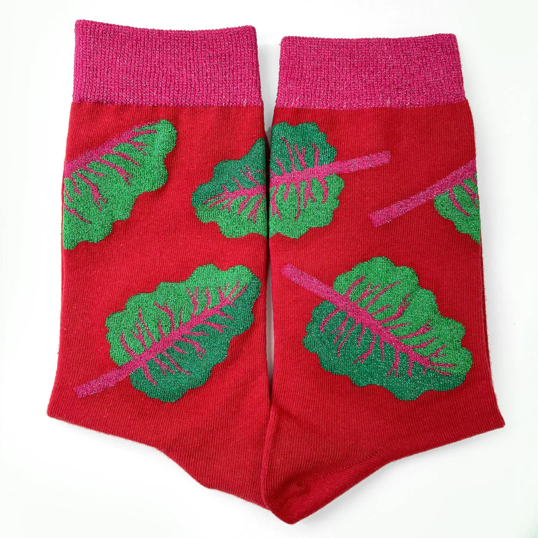 Pair of dark red socks designed with glittery chard leaves on it