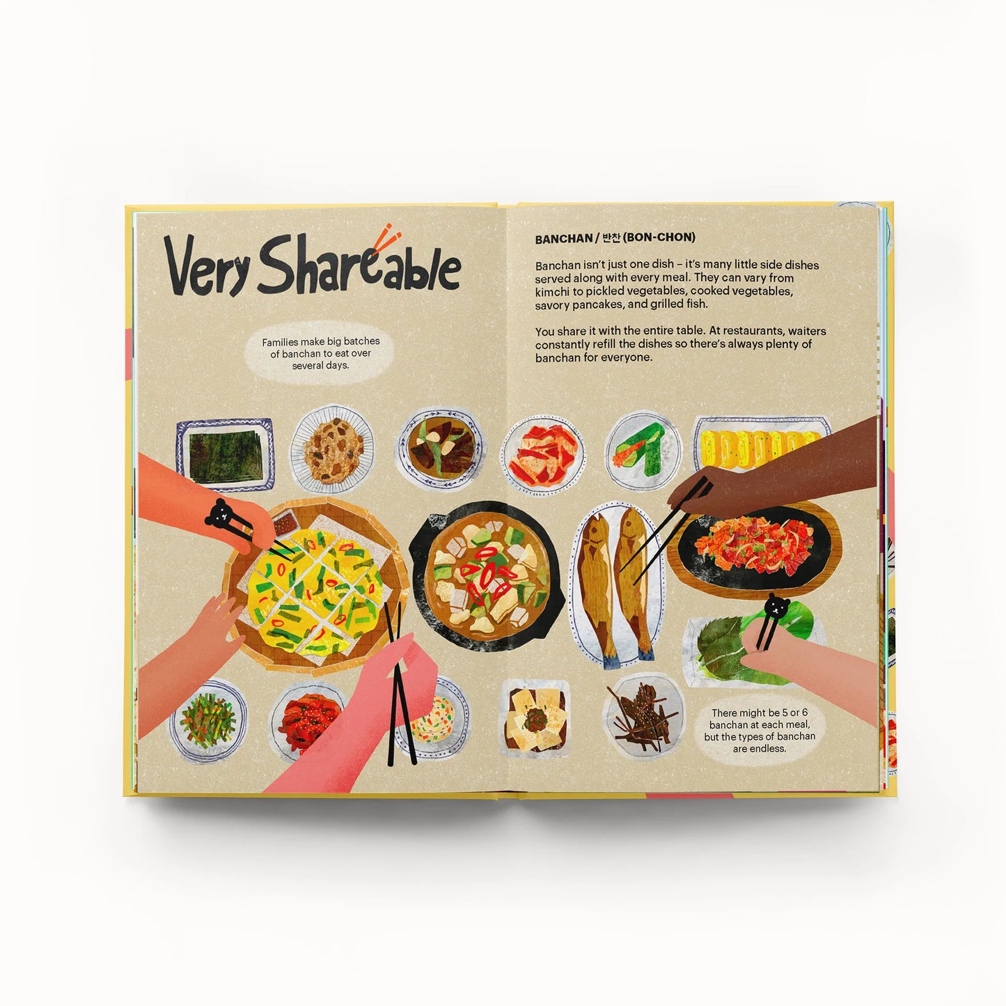 Inside pages of "A Very Asian Guide to Korean Food" -- pages show illustrations of different shareable Korean food items 
