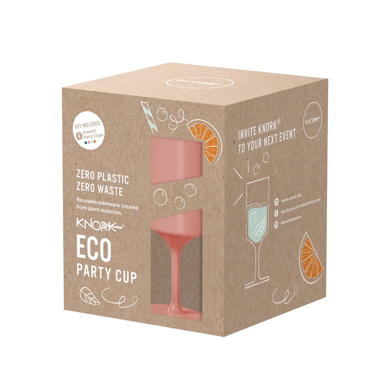 Set of 4 fully compostable and reusable party cups or wine glasses in packaging 