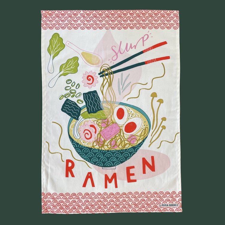 Full layout of bowl of ramen tea towel 