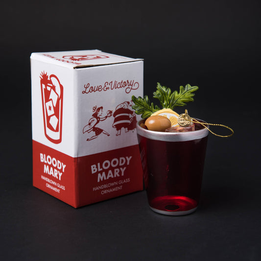 Handblown glass Christmas ornament of a bloody mary cocktail 