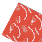 Red bandana with various meats on it (sausage links, steaks, bacon, cured meat)