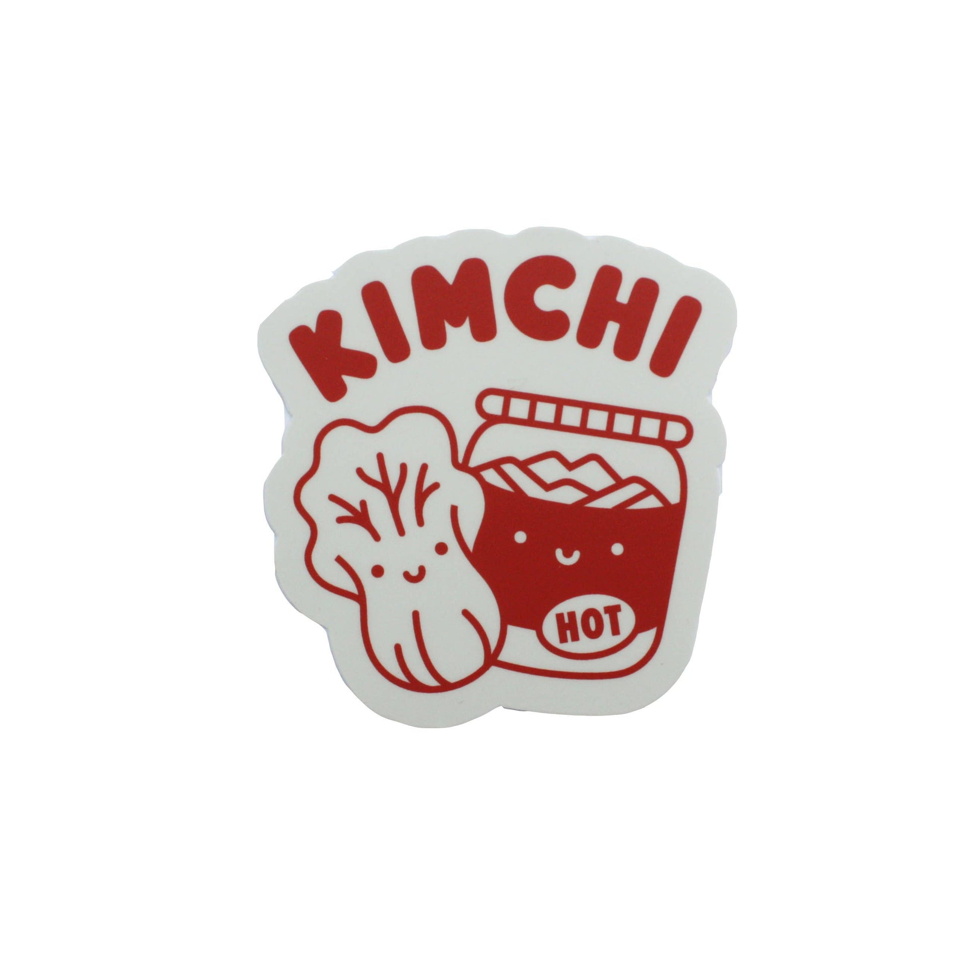 vinyl sticker that reads "kimchi" in red bubble letters up top and illustrations of a napa cabbage and kimchi jar labeled "hot" 