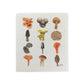 Watercolor artwork of 12 different mushrooms on a cellulose sponge cloth.