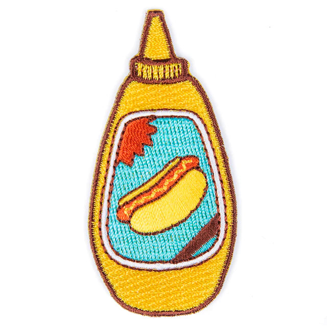 mustard bottle patch with an image of a hot dog in the center 