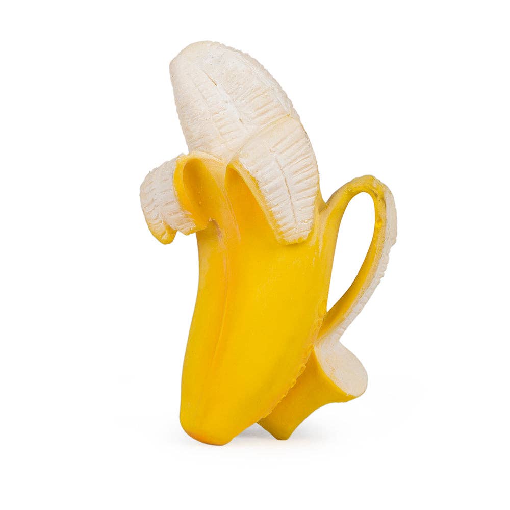 Photo of baby toy shaped like a half-peeled banana.