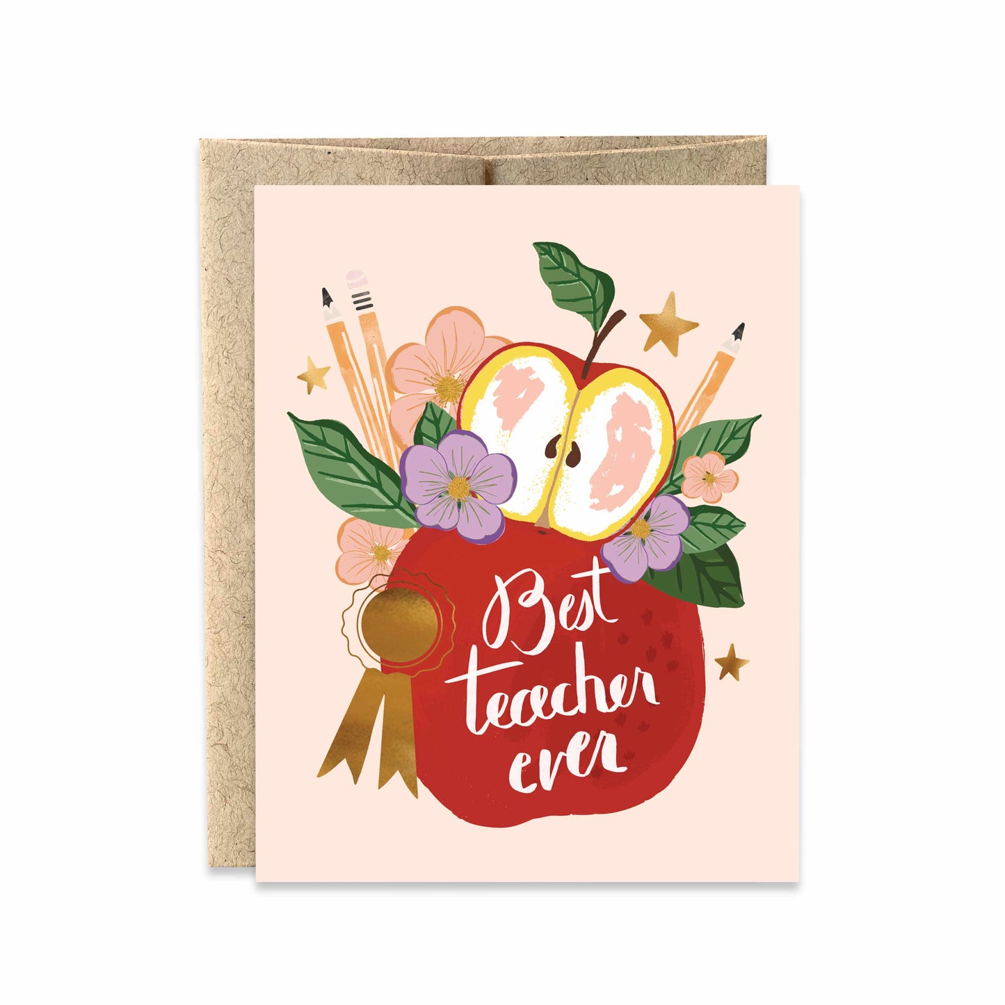 Reads "Best teacher ever" with hand drawn calligraphy and apple artwork.
