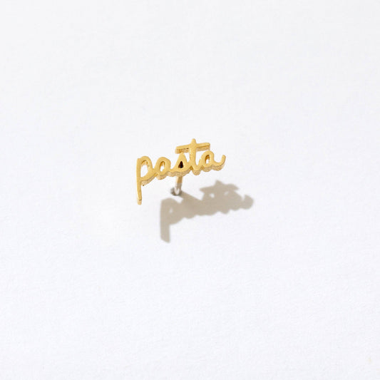 Single 14k gold plated stud earring -- reads "pasta" in handwritten script