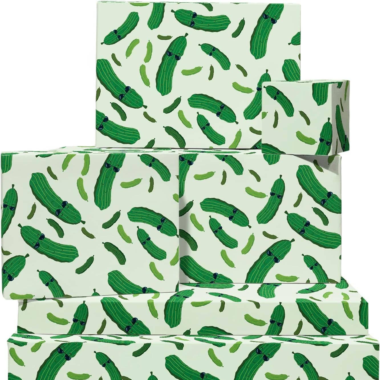 Multiple boxes wrapped in pickle wrapping paper