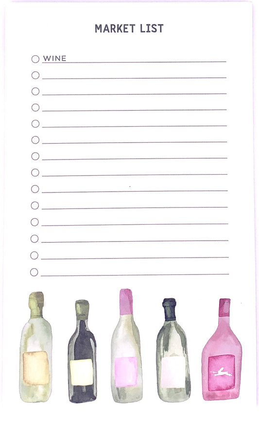 Wine bottles Market Notepad -- lined, check-off notepad with wine bottles along the bottom as the design 