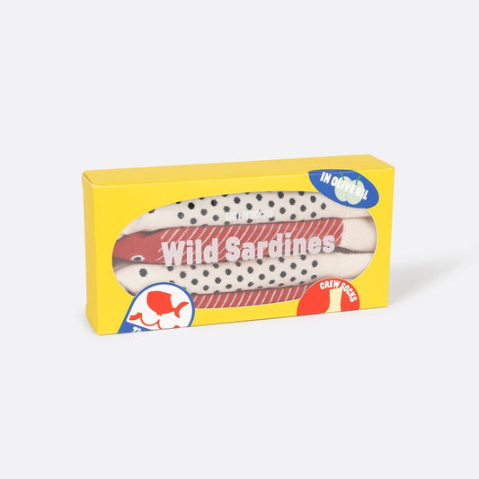 Wild Sardine socks packaged in a box resembling a tin can 